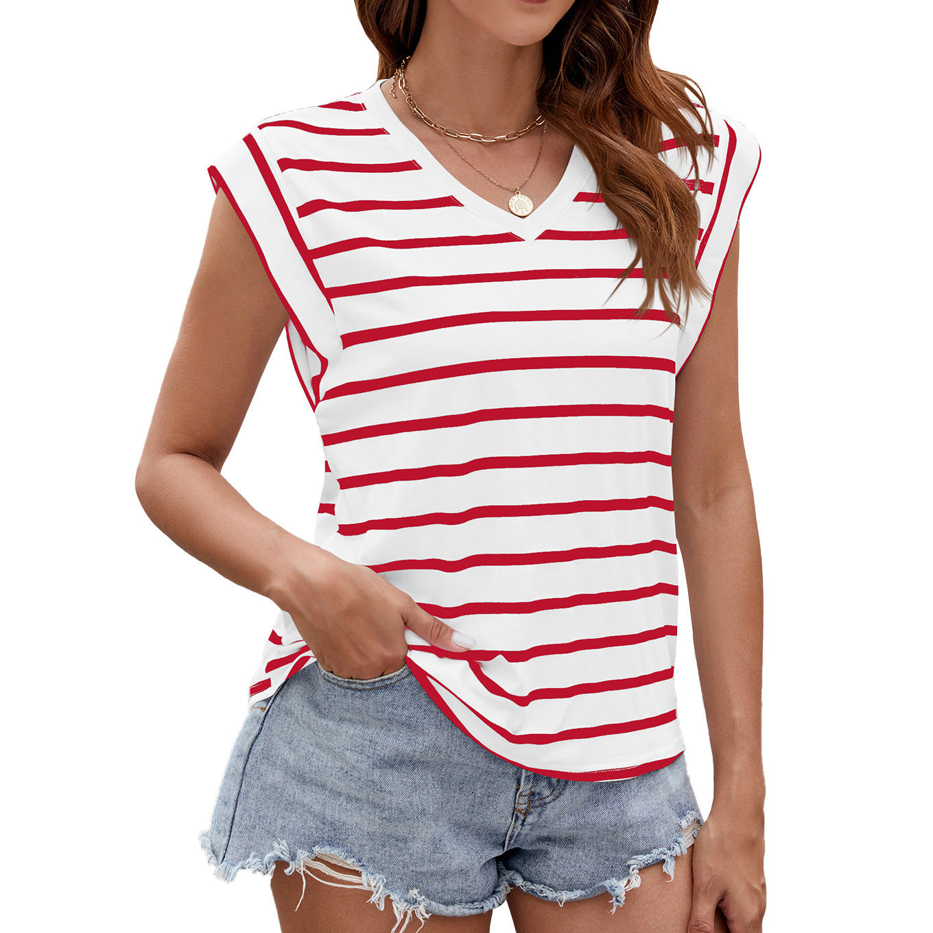 Fashion Stripe Print V-neck Short-sleeved T-Shirt Summer Loose Tank Top Womens Clothing