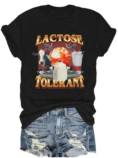 Lactose Tolerant Pattern T-shirt - Casual Round Neck T-shirt, Printed Design, Unisex Short Sleeved Knitted Fabric Top, Suitable For All Seasons