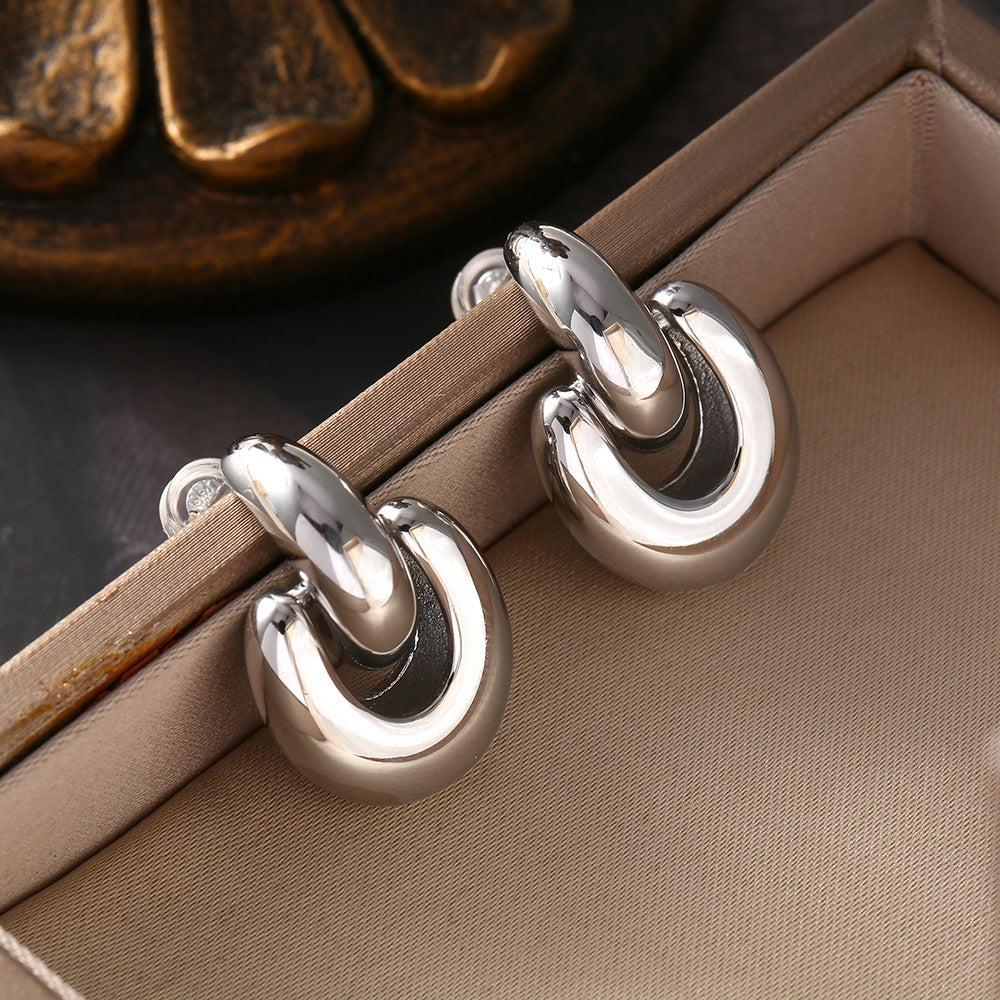 European And American INS Style Half Ring Buckle Stud Earrings 18K Gold Titanium Steel Earrings