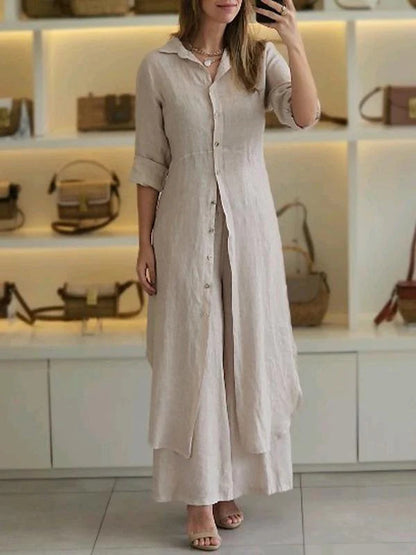 Urban Elegant Cotton And Linen Slim-fit Waist-tight Long Shirt Wide-leg Pants Suit