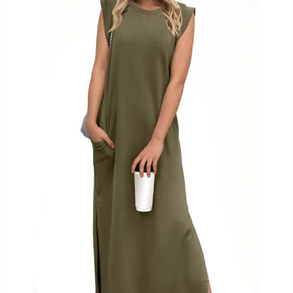 Summer Sleeveless Slit Dress With Pockets Casual Loose Long Dresses For Womens Clothing