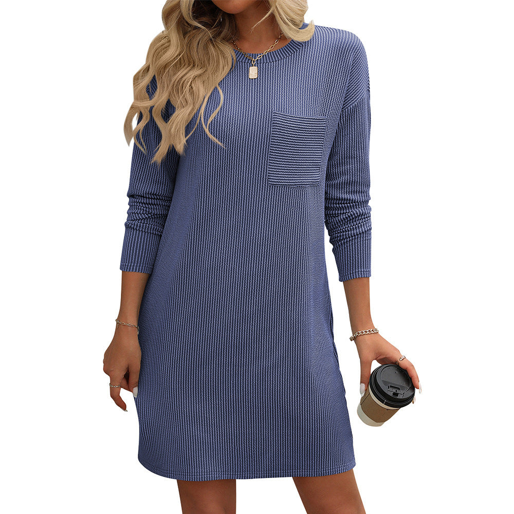 New Solid Color Striped With Pockets Long Sleeve Dress Fashion Round Neck Straight Dress Women's Clothing