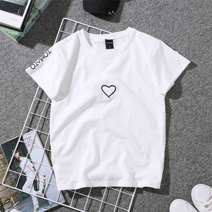 Summer Couples Lovers T-Shirt For Women Casual White Tops Tshirt Women T Shirt Love Heart Embroidery Print T-Shirt Female