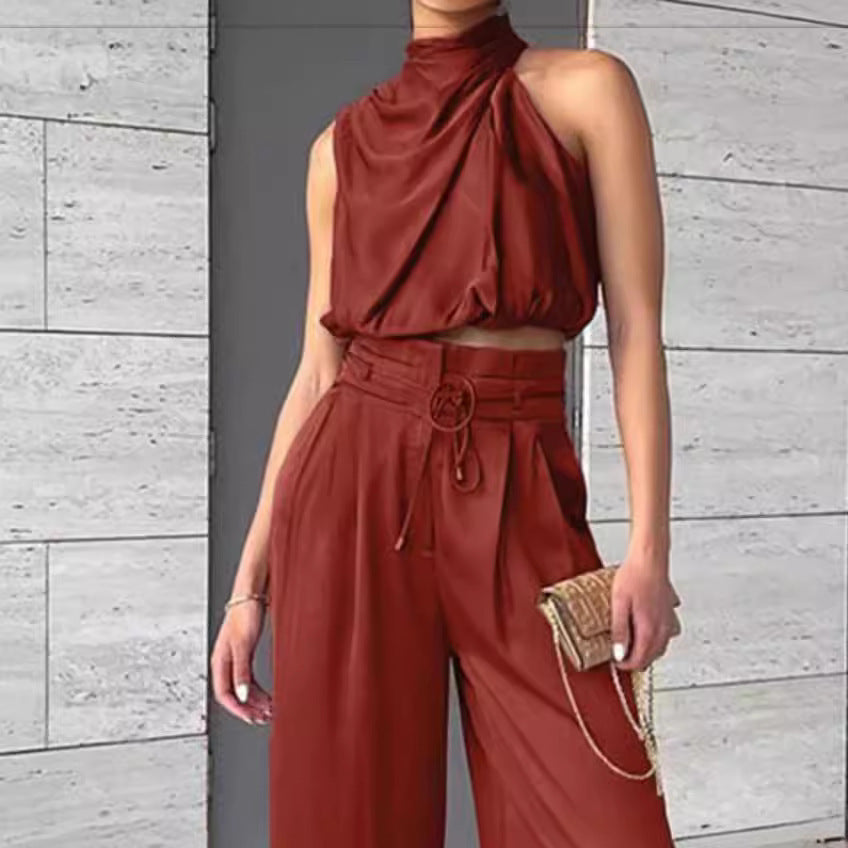 Summer Suits Casual Sleeveless Midriff-baring Top And Wide Leg Pants 2pcs Set Womens Clothing