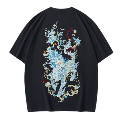 Summer New Heavy Industry Kirin Embroidery Cotton Short Sleeve T shirt Men Loose Large China Chic Chinese Style Men