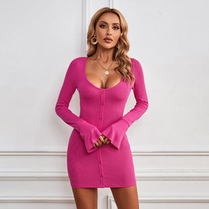 Fashion Single-breasted U-neck Long-sleeved Dress Sexy Slim Hip-hugging Short Dresses Womens Clothing