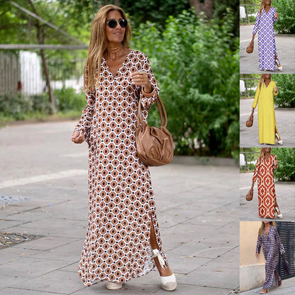 Summer Geometric Printed V-neck Long Dress Fashion Long Sleeve Slit Dresses For Women