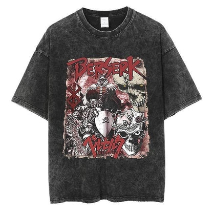 Anime print street retro t-shirt street trendy round neck short sleeved t-shirt for men