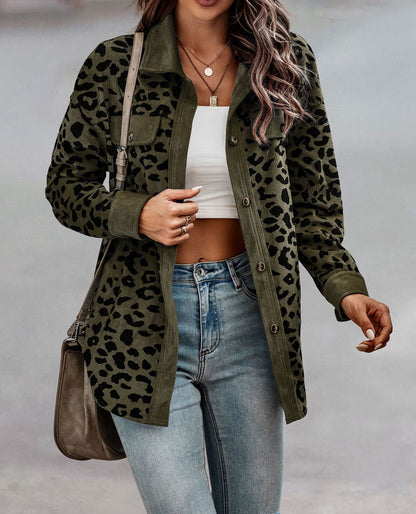 Leopard Print Shirt Coat Fashion Button Long Sleeve Jacket Women