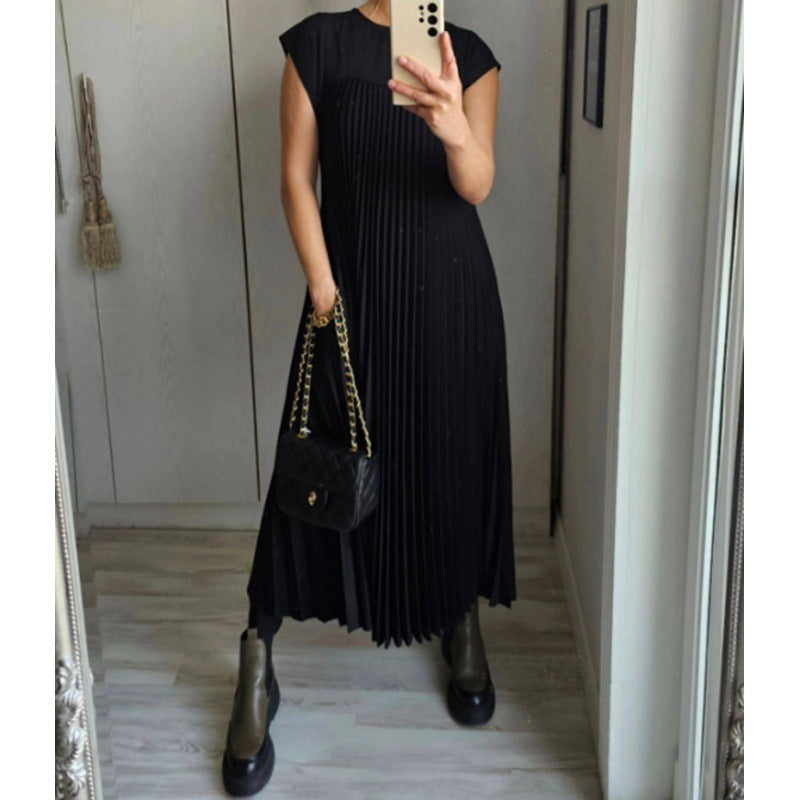 Short Sleeve Pleated Long Dress Summer Round Neck Dress Women's Clothing