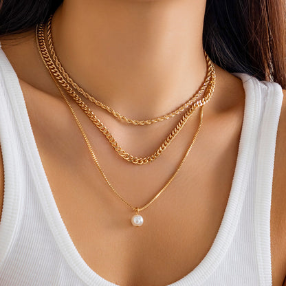 Women's Simple Slim Chain Multi-layer Imitation Pearl Necklace