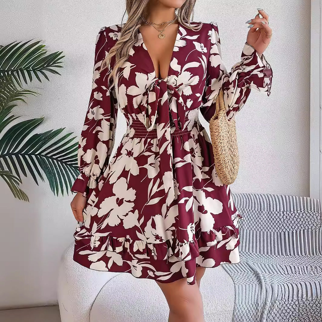 New Floral Printed V-Neck Long Sleeve Dress Fashion Ruffles Bowknot A-Line Short Dress Women's Clothing