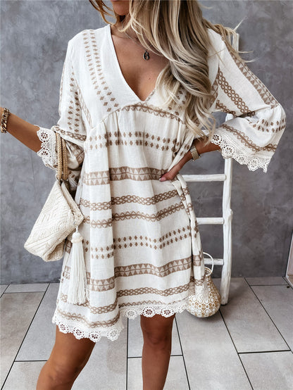 Long Sleeve Geometric Print Dress Fashion Loose Stitching V-neck Lace Cuff Dresses Womens Clothing