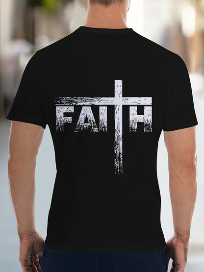 Men's Faith Pattern Printed T-shirt, Short Sleeved Round Neck T-shirt, Summer Outdoor Men's Clothing