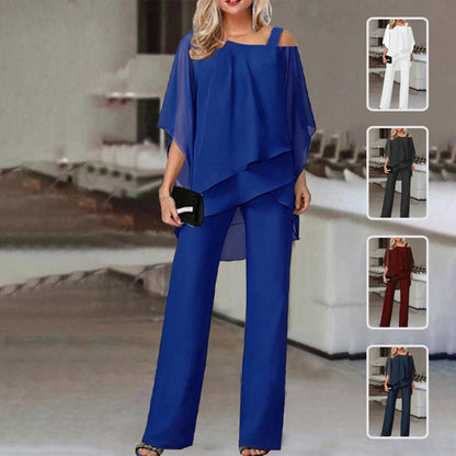 Solid Loose Irregular Suits Batwing Sleeve Top And Straight Trousers Outfits Womens Clothing