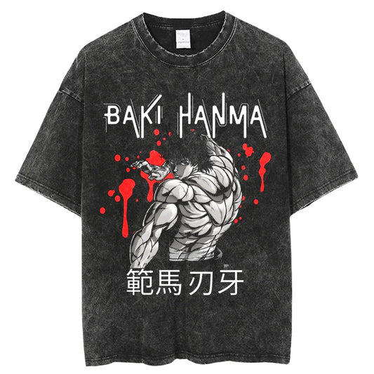 Grappler Baki Kyokudai Taikai Anime T-shirt Harajuku Streetwear Creative Printing Short Sleeve Vintage Washed Tees Mens Clothing