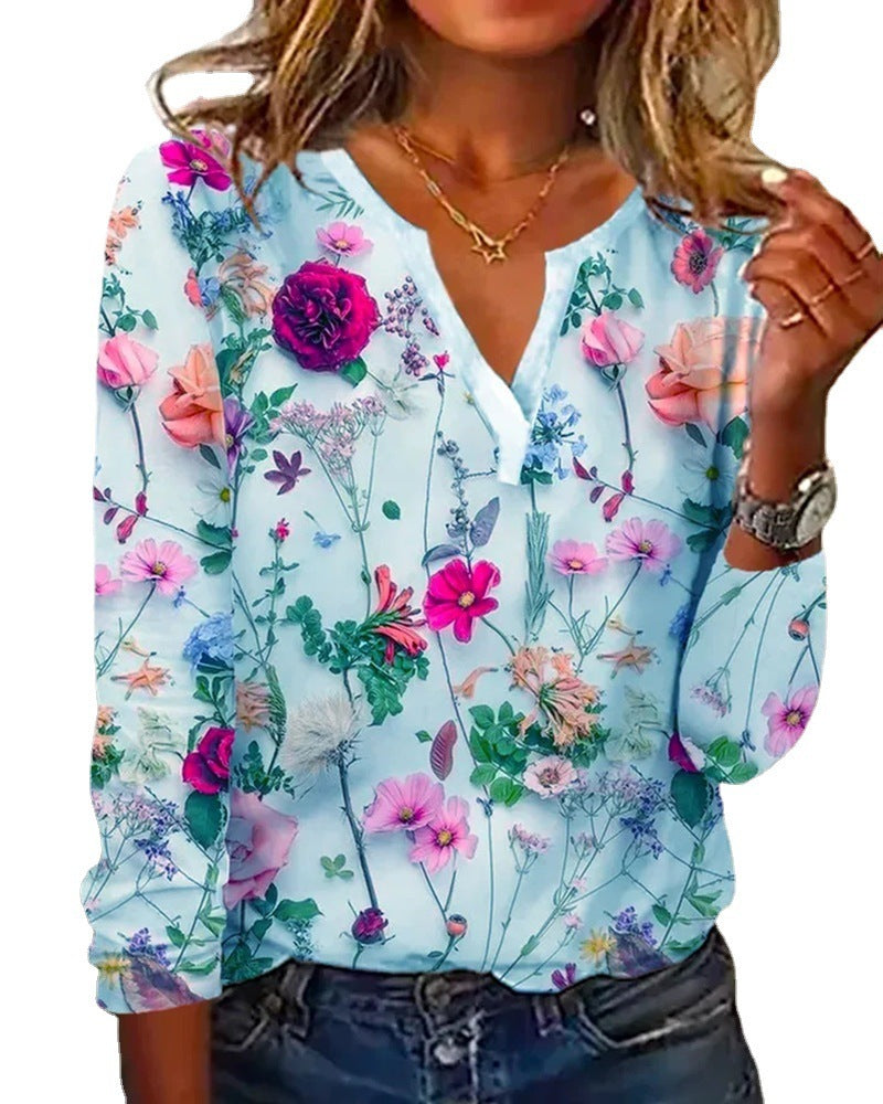 Women's Printed V-neck Long-sleeved T-shirt Top