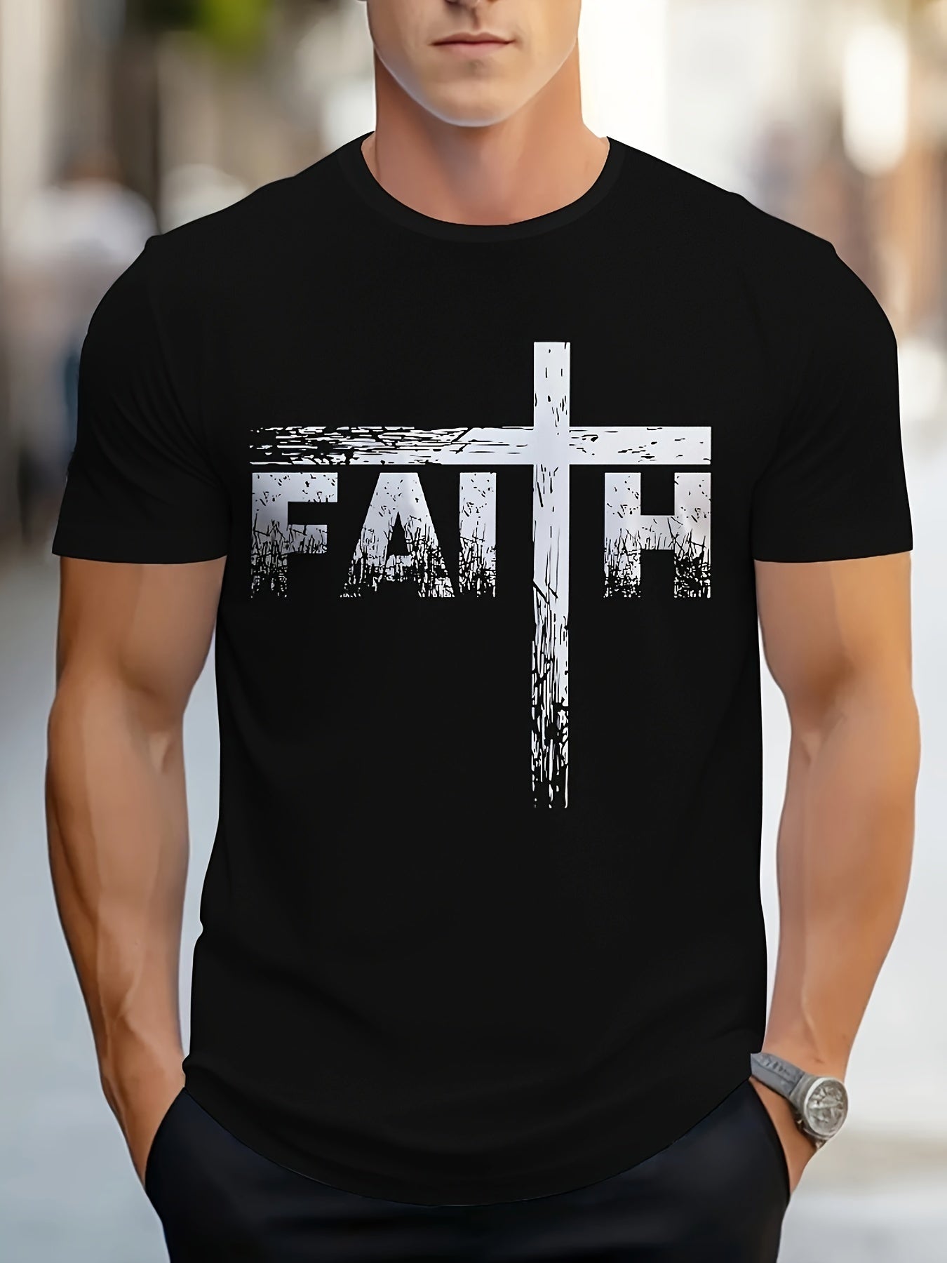 Men's Faith Pattern Printed T-shirt, Short Sleeved Round Neck T-shirt, Summer Outdoor Men's Clothing