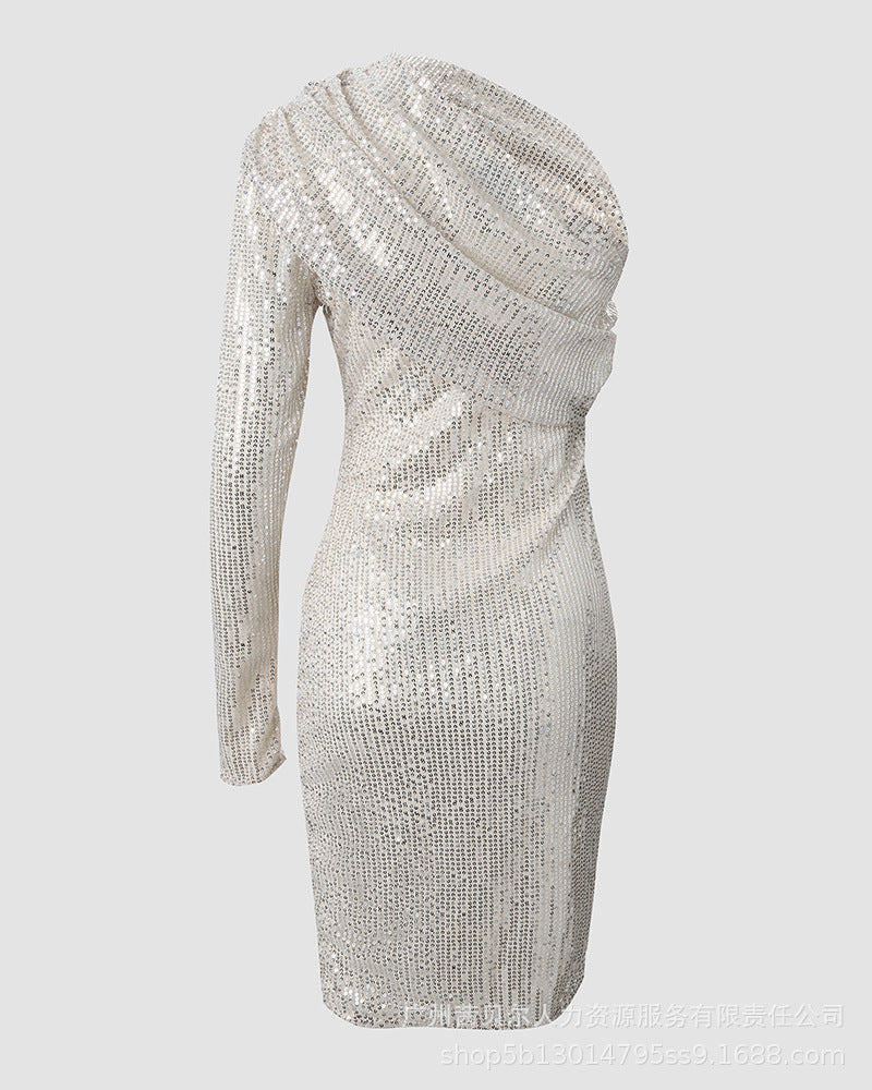 Silver One Shoulder Sequin Formal Dress