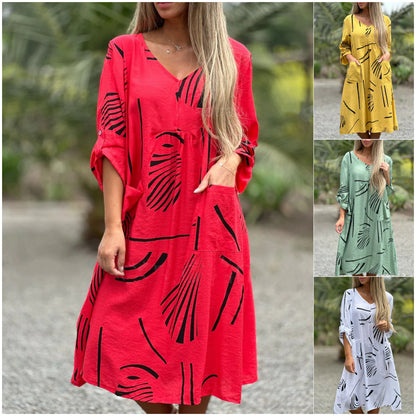 Fashion Printed V Neck Long Sleeve Dress Casual Loose Straight Dress Women's Clothing