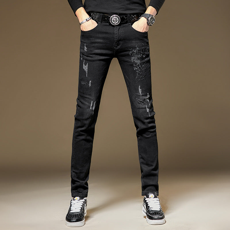 Embroidered Jeans Men's Slim Fit Ankle Tight Trousers