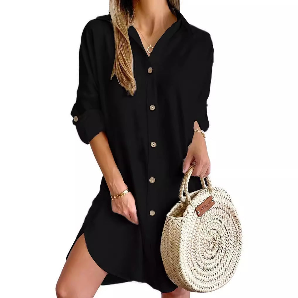 Autumn Leisure Long Sleeve Lapel Button Shirt Dress Womens Clothing