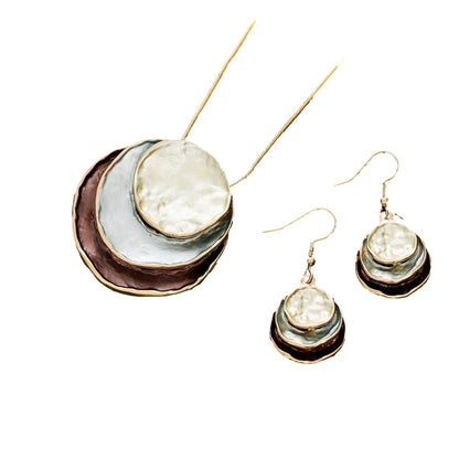 Color Painting Oil Three-layer Ring Hollow Pendant Earrings And Necklace Set