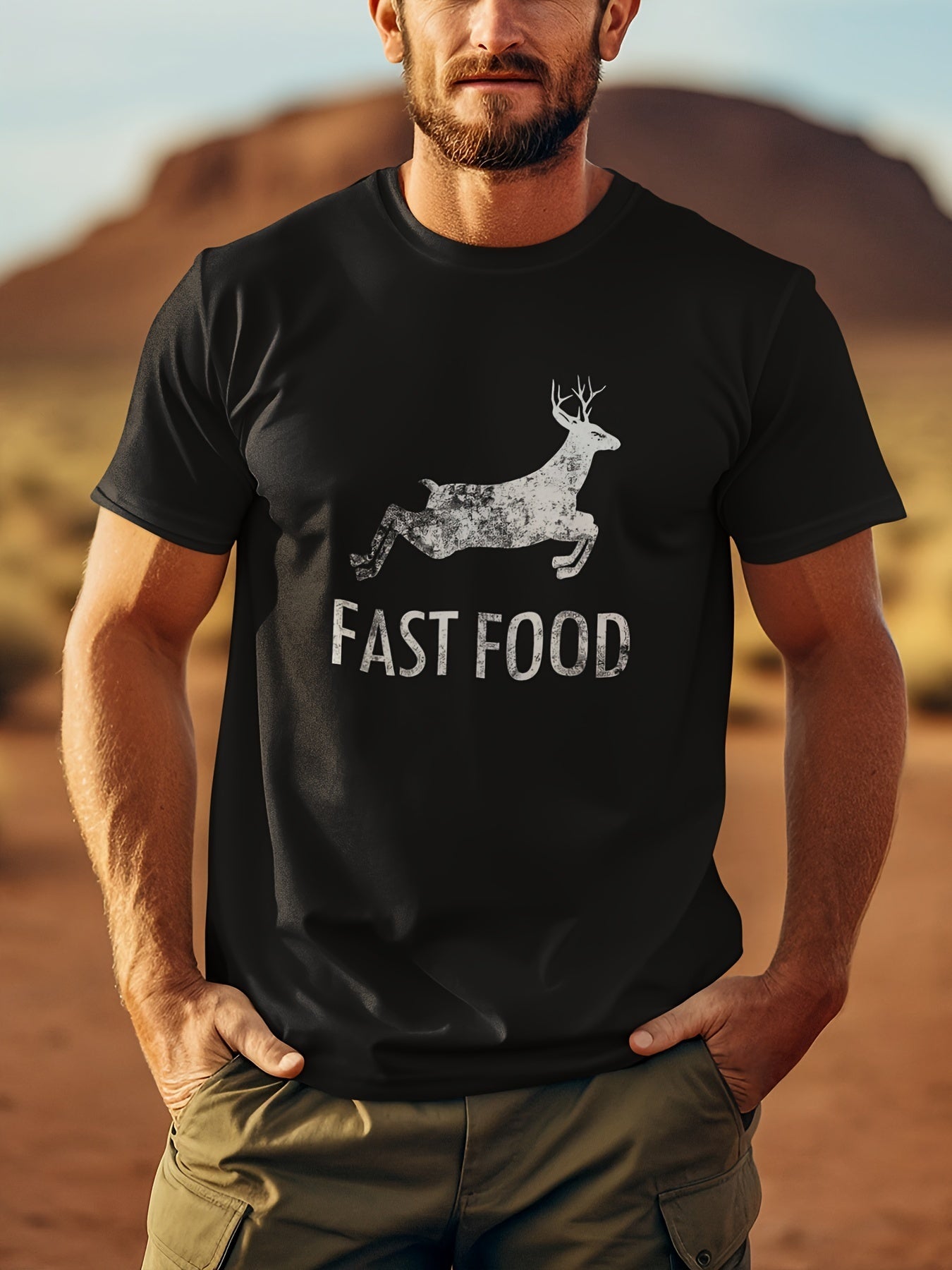 Interesting Joke Hunting Shirt - Men's Front Printed Short Sleeved T-shirt Top - Fast Food Deer - Gift For Hunters