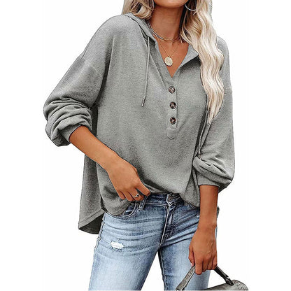 V-neck Long Sleeved Hooded Sweater Women's Sports Pullover Sweatshirt