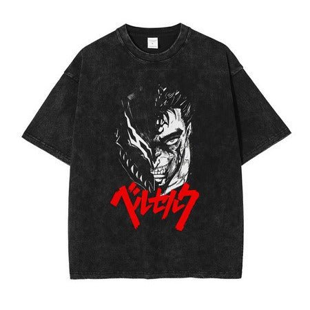 Anime print street retro t-shirt street trendy round neck short sleeved t-shirt for men