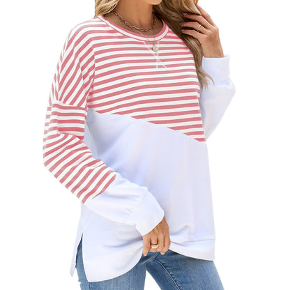 Striped Printed Long Sleeve T Shirt Fashion Casual Round Neck Pullover Split Design Women's Clothing