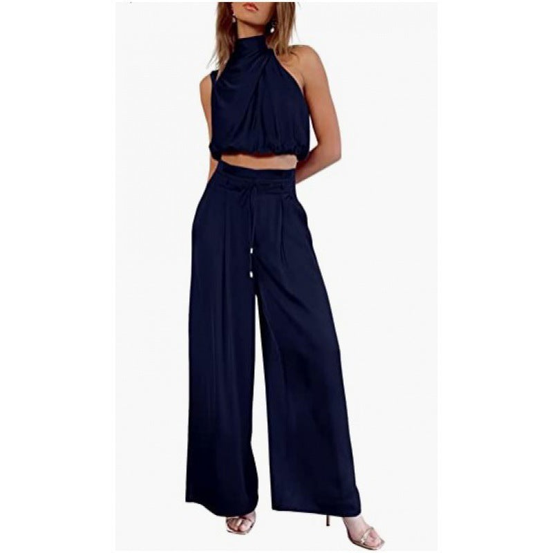 Summer Suits Casual Sleeveless Midriff-baring Top And Wide Leg Pants 2pcs Set Womens Clothing