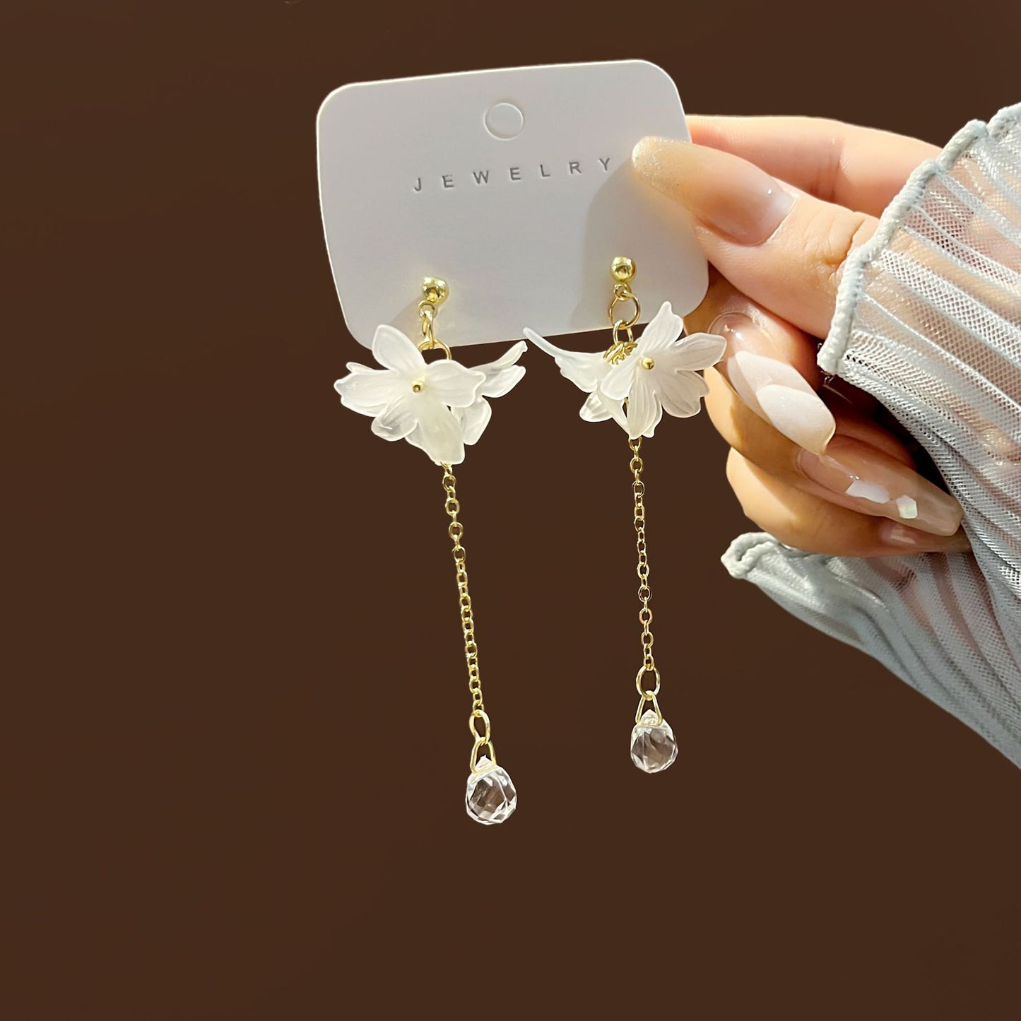 Elegant Transparent Flower Tassel Pearl Stud Earrings