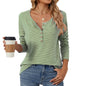 Round Neck Button Solid Color Striped Casual T-shirt Top