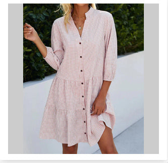 Fashion Printed Plaid V-neck Three-quarter Sleeve Women Dress