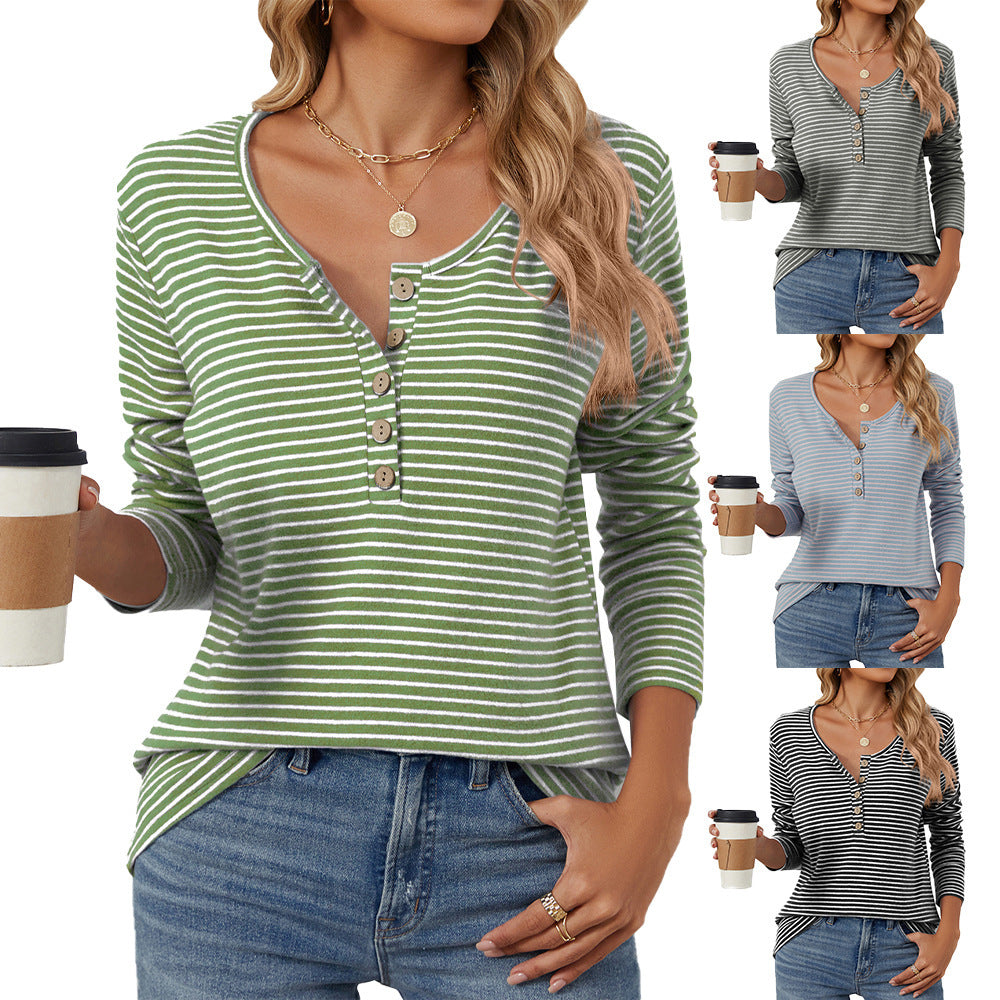 Round Neck Button Solid Color Striped Casual T-shirt Top