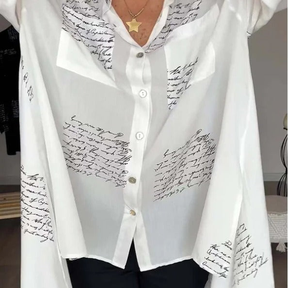 Letter Print Long Sleeve Shirt Fashion Commuter Style Lapel Shirt Women's Clothing