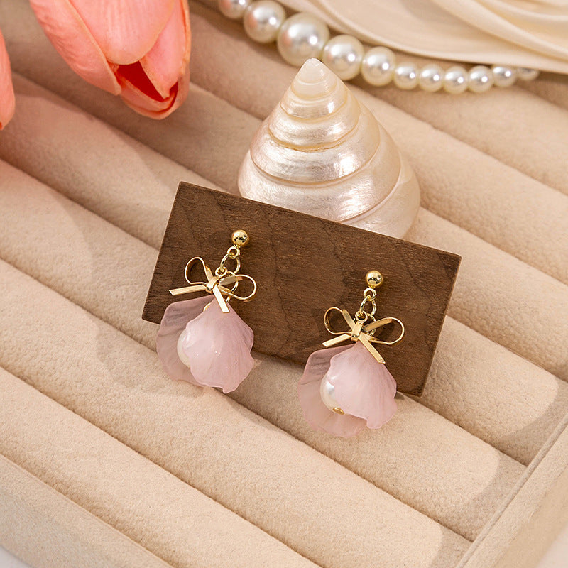 Elegant Transparent Flower Tassel Pearl Stud Earrings