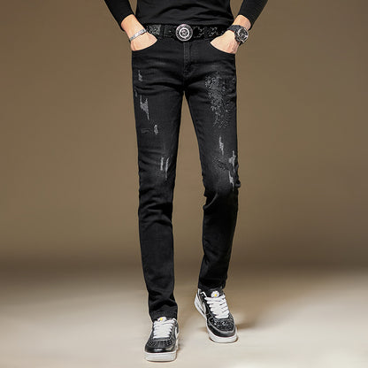 Embroidered Jeans Men's Slim Fit Ankle Tight Trousers