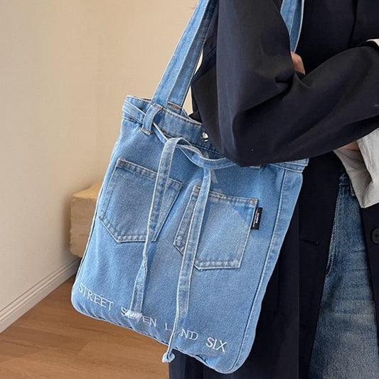 Washed Soft Denim Bag Letter Embroidery