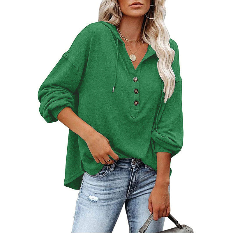 V-neck Long Sleeved Hooded Sweater Women's Sports Pullover Sweatshirt