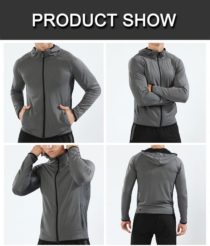 BARBOK Autumn Running Jacket Long Sleeve Sports Hooded Shirt Zipper Running T Shirts Compression Men Gym Jogging Fitness Top