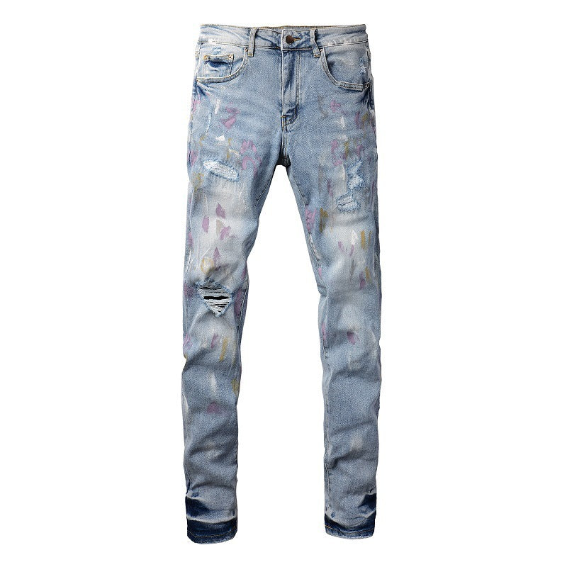 European And American Autumn Retro Colorful Paint-splashing Style Graffiti Stretch Men's Jeans