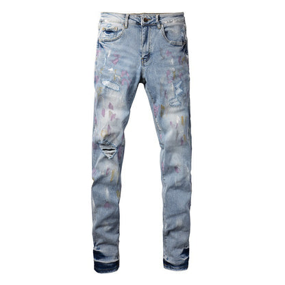 European And American Autumn Retro Colorful Paint-splashing Style Graffiti Stretch Men's Jeans