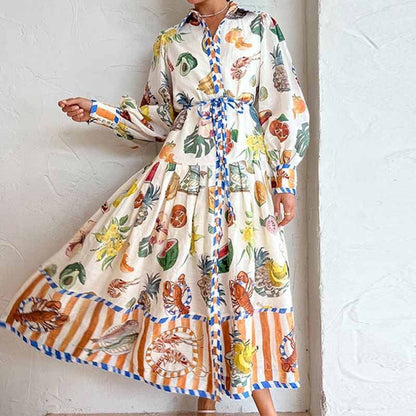 Print Holiday Women Beach Dress With Belts A-Line Long Lantern Sleeve Single Breasted Lapel Seaside Dresses Robe