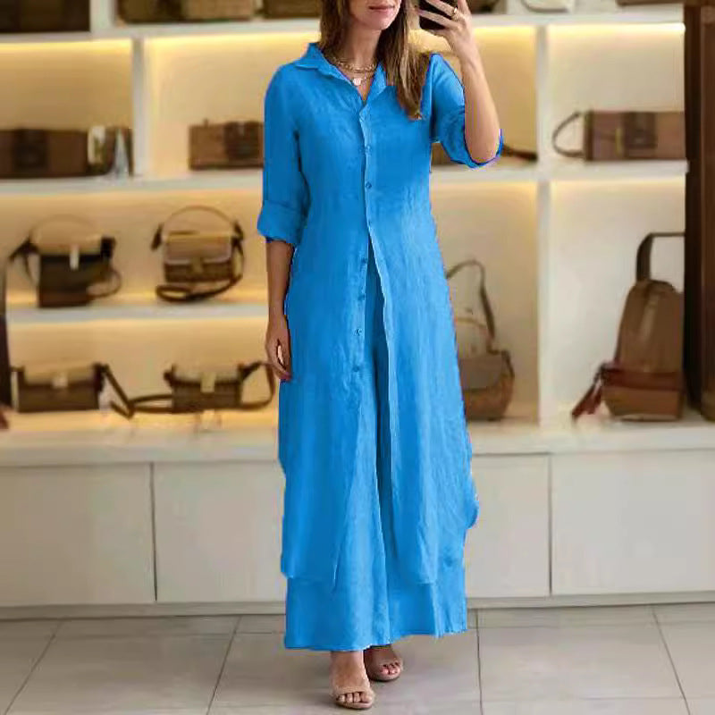 Urban Elegant Cotton And Linen Slim-fit Waist-tight Long Shirt Wide-leg Pants Suit