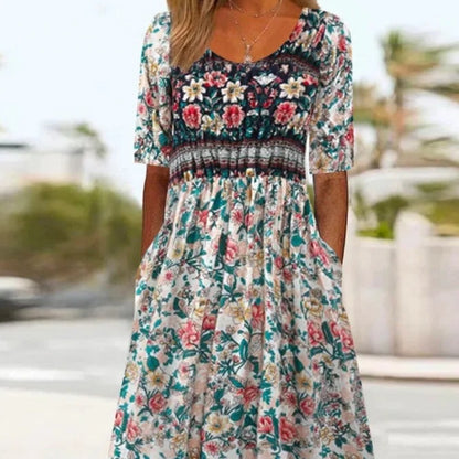 Women's Round Neck Short Sleeve Maxi Dress Bohemian Print Dress