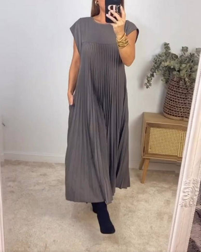 Short Sleeve Pleated Long Dress Summer Round Neck Dress Women's Clothing