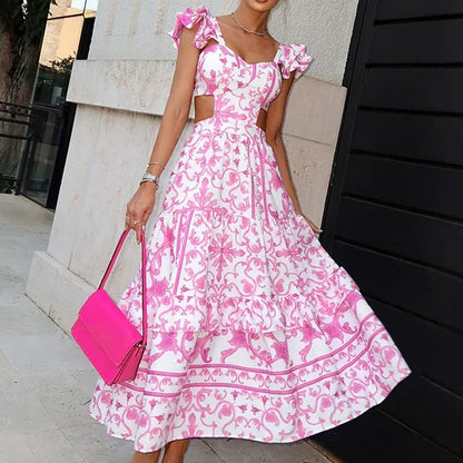 Summer Padded Shoulder Women's Printed Wear Hollow Length Dress