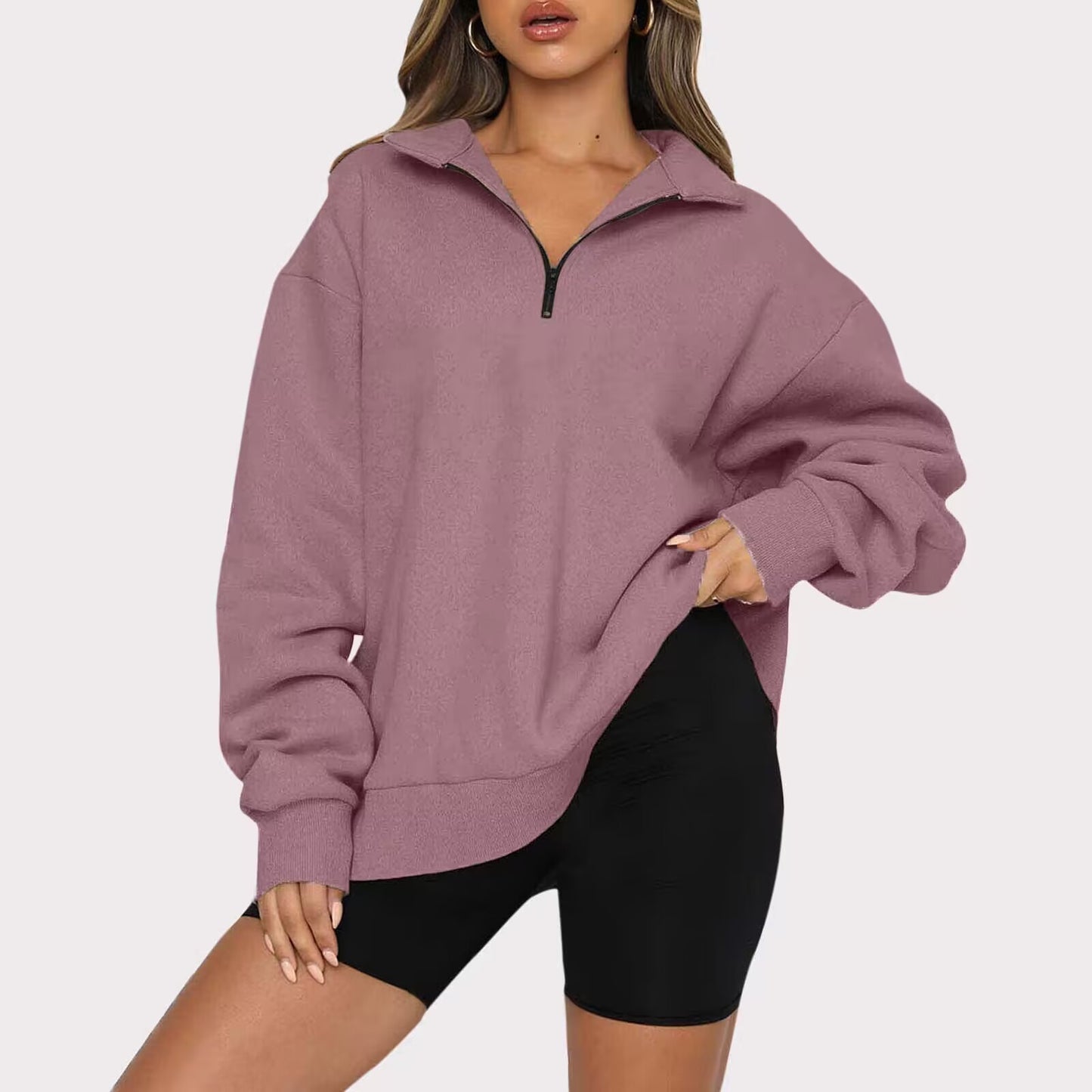 Women Sweatshirts Zip Turndown Collar Loose Casual Tops Clothes